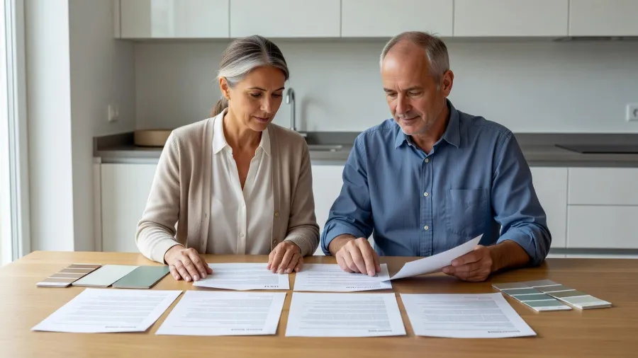 Un couple compare plusieurs devis de rénovation autour d’une table de cuisine.