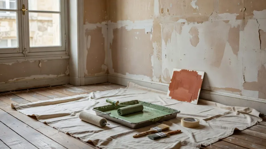 Pièce en rénovation préparée pour la peinture, avec bac, rouleau et teinte vert sauge